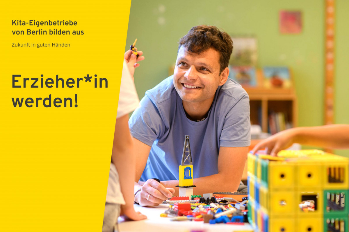 Erzieher*in werden und jetzt bewerben! Daneben ist ein Bild eines Erziehers abgebildet.