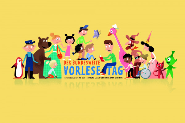 Bunter Flyer für den bundesweiten Vorlesetag; illustriert mit Kindern und Fabelwesen.