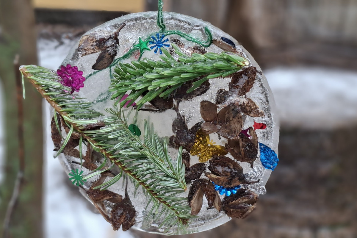 Gefrorene Kugel mit Blüten und Zweigen