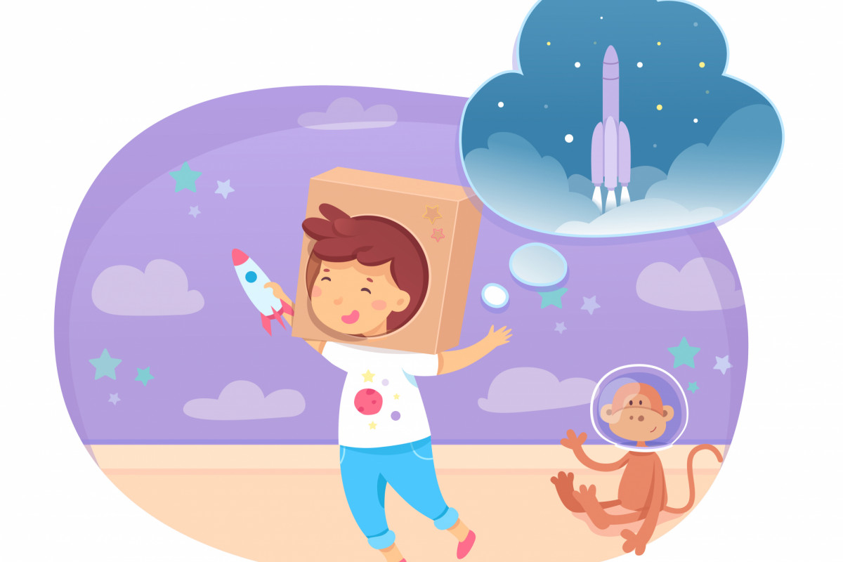 Illustriertes Kind träumt von Raketenstart, Designed by studio4rt/Freepik