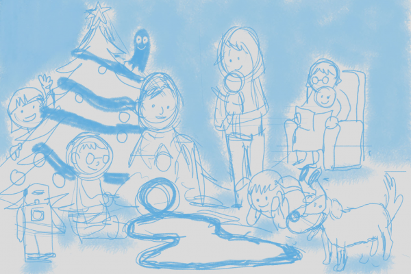 Blaue Illustration von einer großen Familie vor dem Weihnachtsbaum