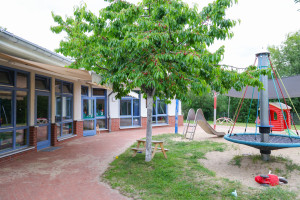 Baum und Rutsche im Innenhof der Kita Tausendfühler